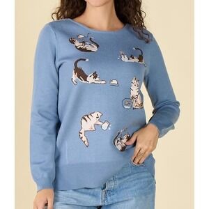 Astrologie Womens XL Blue Cat Intarsia Knit Pullover Sweater Novelty Whimsical